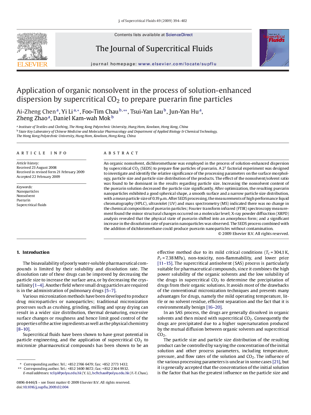 Application of organic nonsolvent in the process of solution-enhanced dispersion by supercritical CO2 to prepare puerarin fine particles