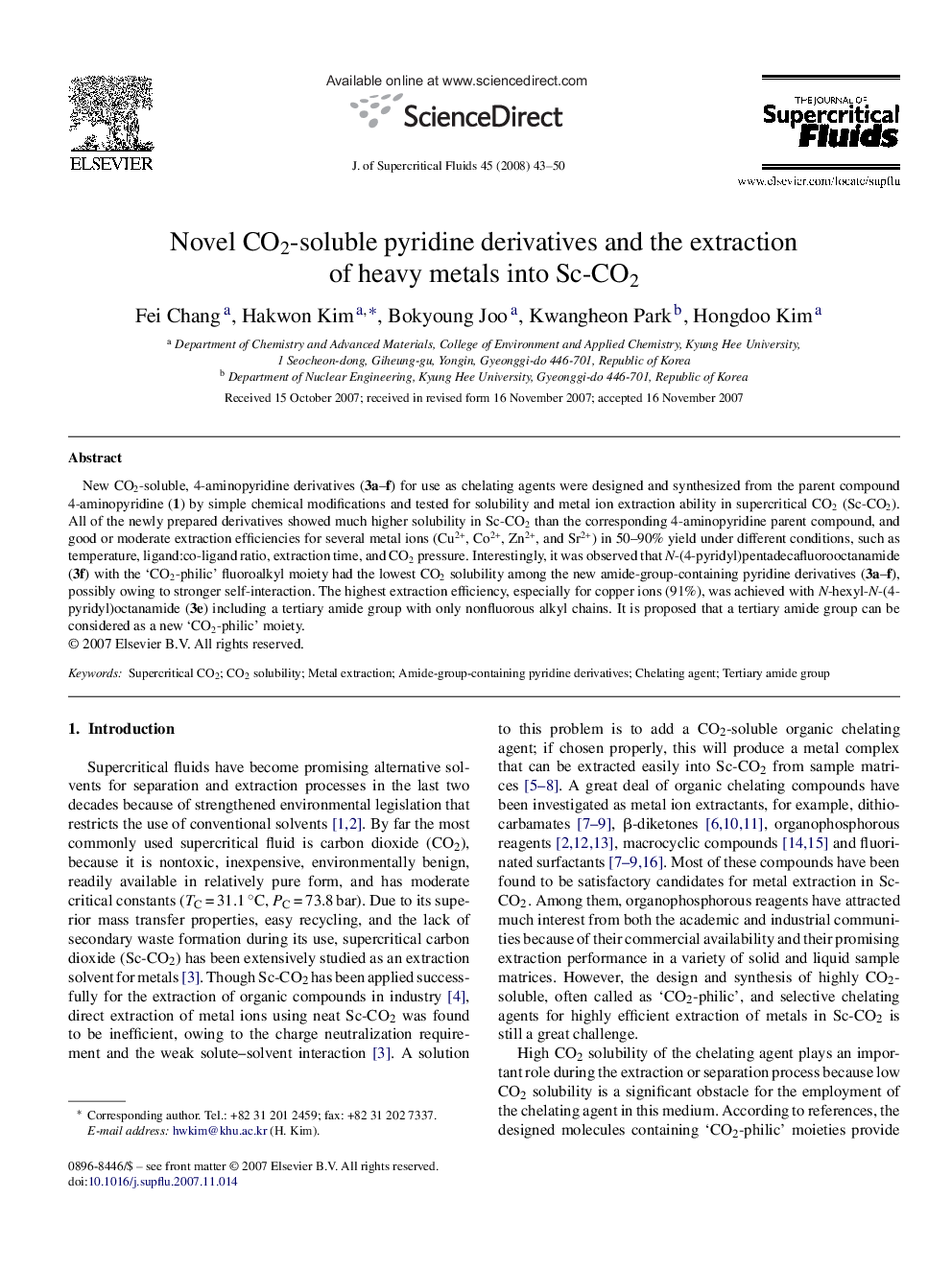 Novel CO2-soluble pyridine derivatives and the extraction of heavy metals into Sc-CO2