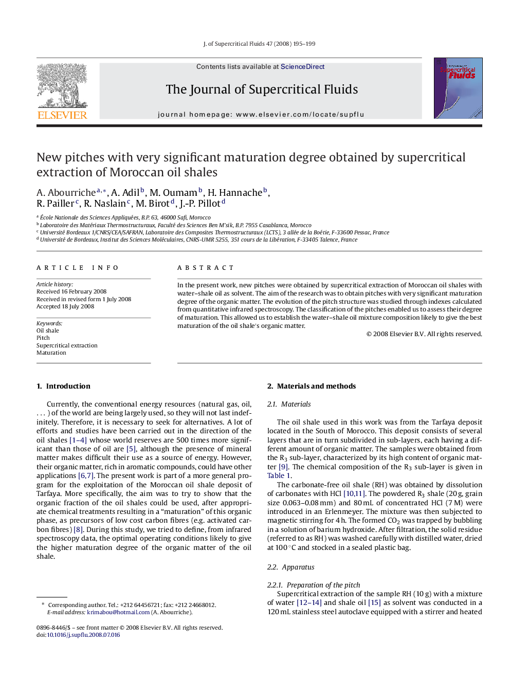 New pitches with very significant maturation degree obtained by supercritical extraction of Moroccan oil shales