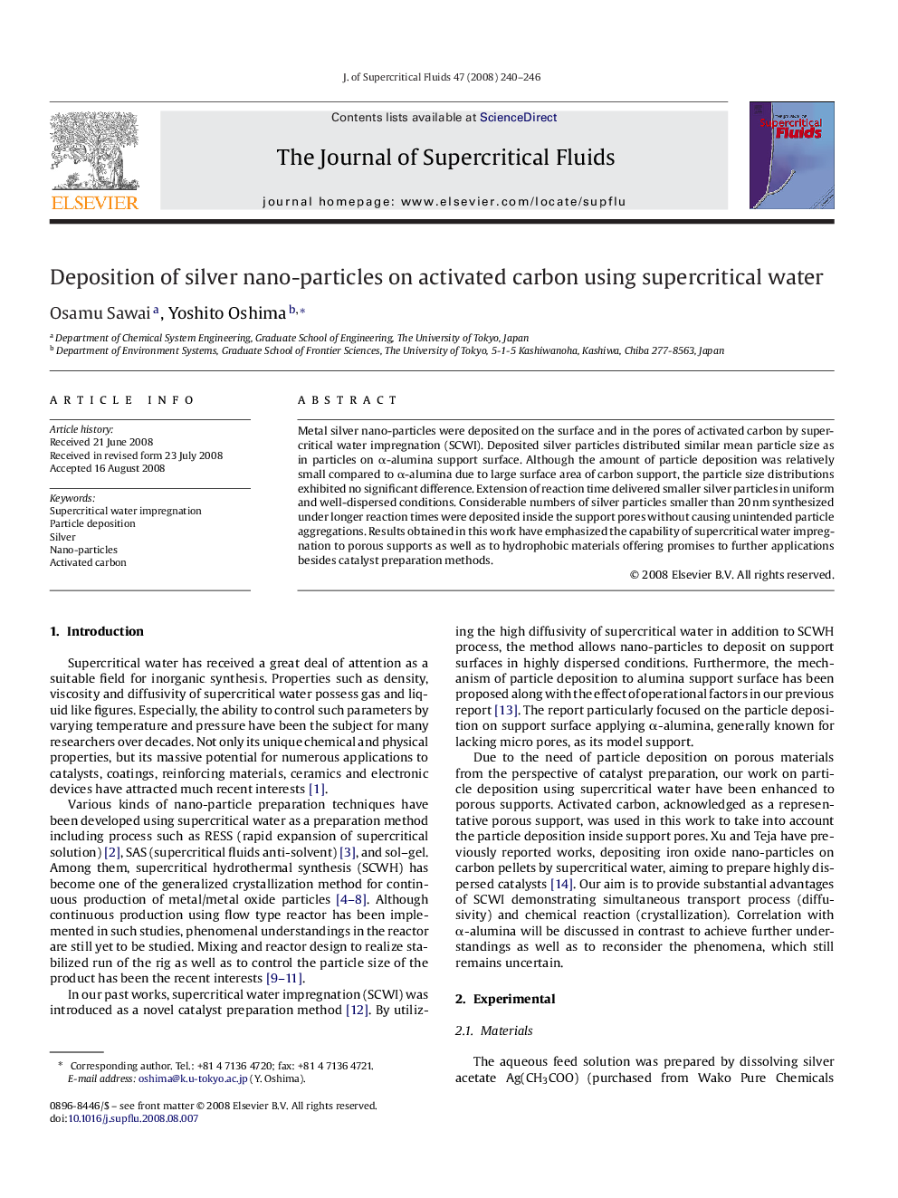 Deposition of silver nano-particles on activated carbon using supercritical water