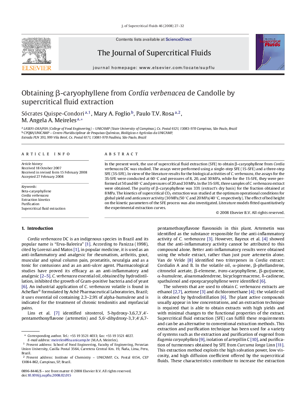 Obtaining β-caryophyllene from Cordia verbenacea de Candolle by supercritical fluid extraction