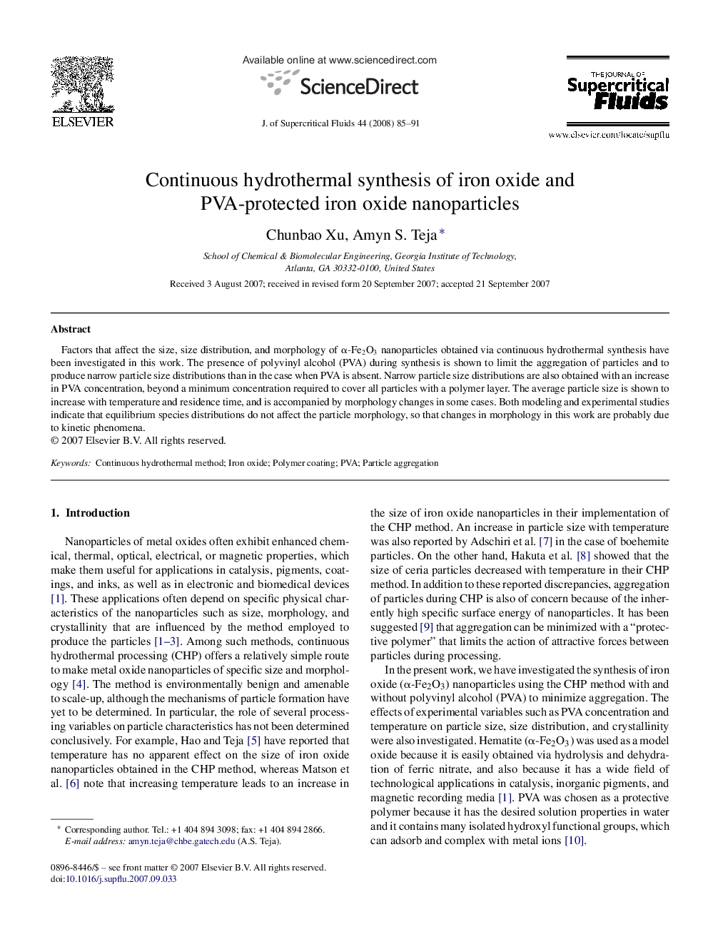 Continuous hydrothermal synthesis of iron oxide and PVA-protected iron oxide nanoparticles