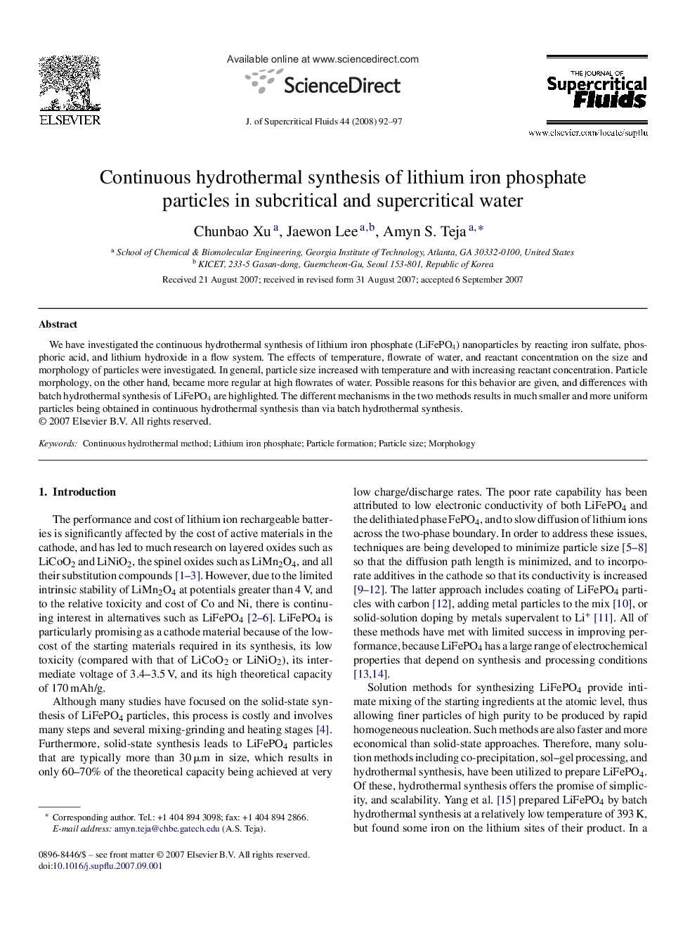 Continuous hydrothermal synthesis of lithium iron phosphate particles in subcritical and supercritical water