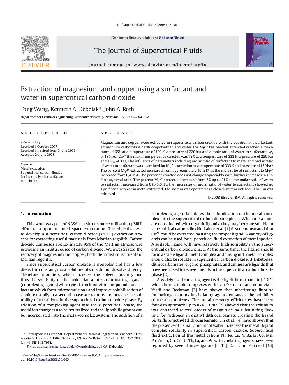 Extraction of magnesium and copper using a surfactant and water in supercritical carbon dioxide