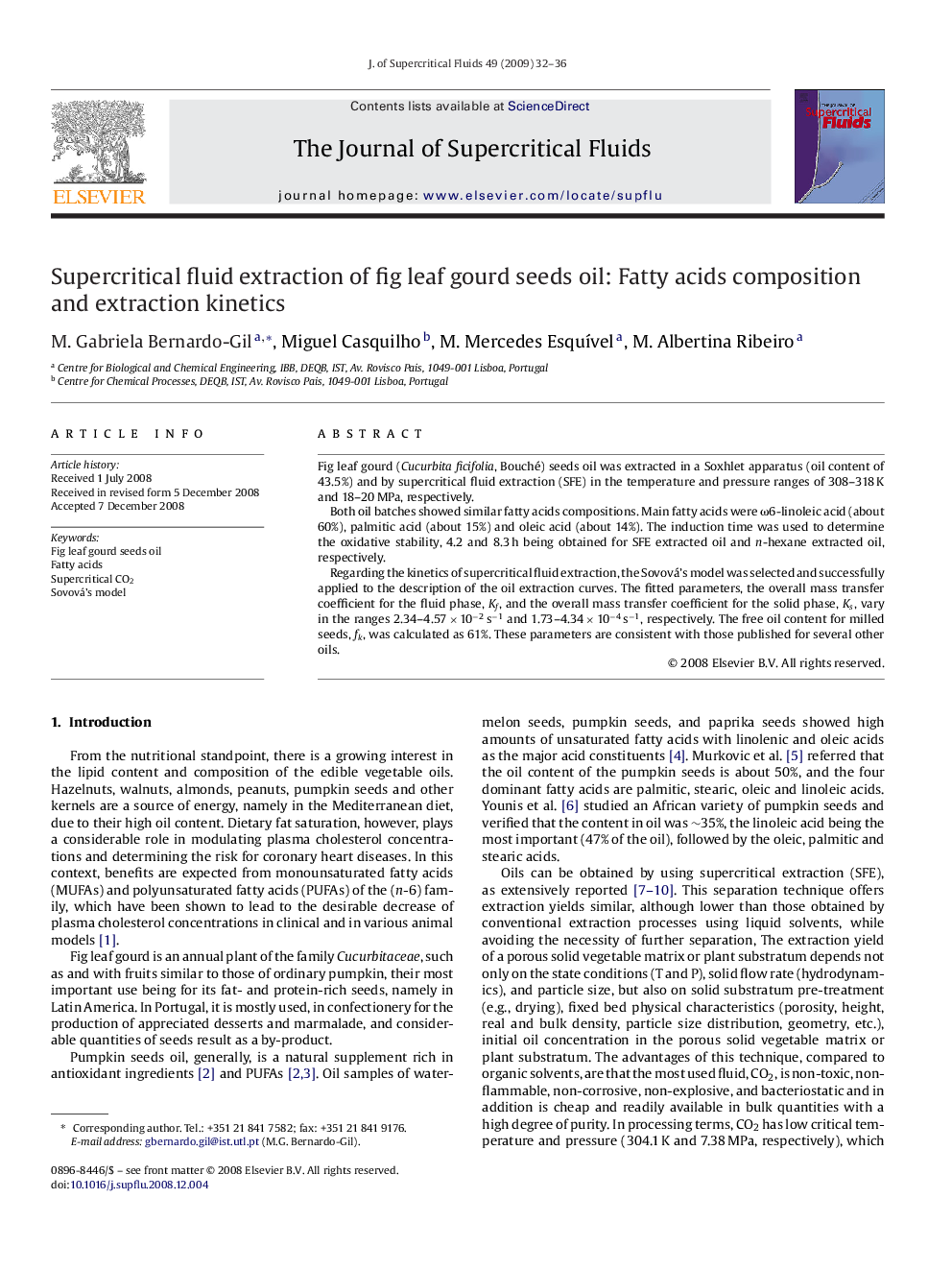 Supercritical fluid extraction of fig leaf gourd seeds oil: Fatty acids composition and extraction kinetics