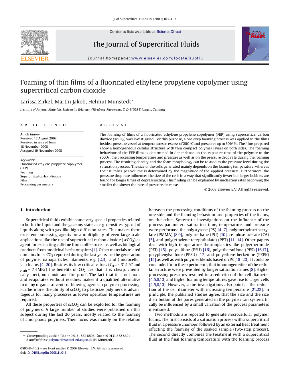 Foaming of thin films of a fluorinated ethylene propylene copolymer using supercritical carbon dioxide