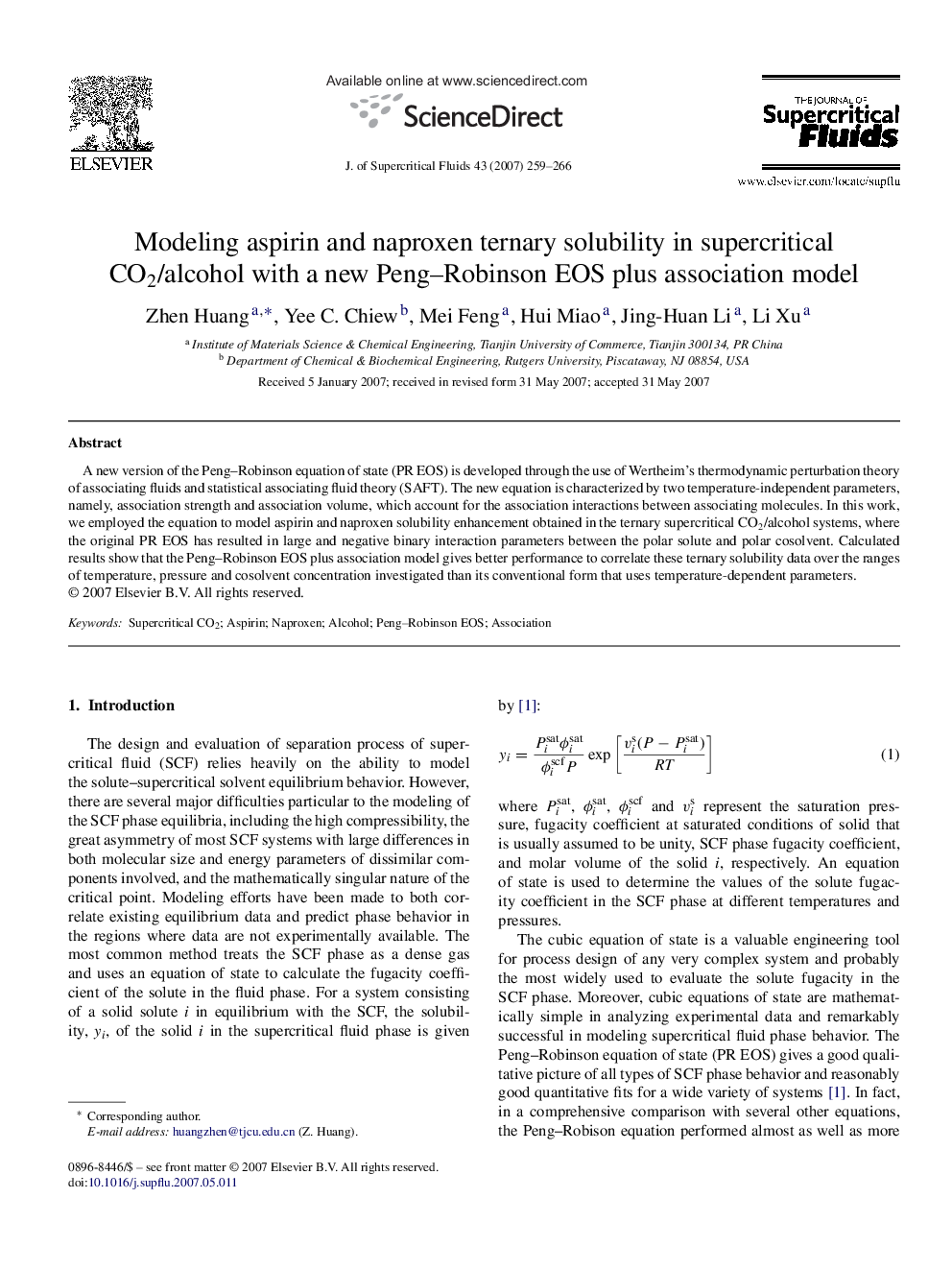 Modeling aspirin and naproxen ternary solubility in supercritical CO2/alcohol with a new Peng–Robinson EOS plus association model