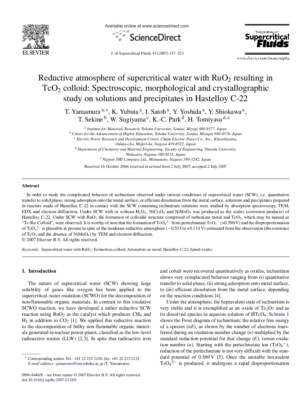 Reductive atmosphere of supercritical water with RuO2 resulting in TcO2 colloid: Spectroscopic, morphological and crystallographic study on solutions and precipitates in Hastelloy C-22