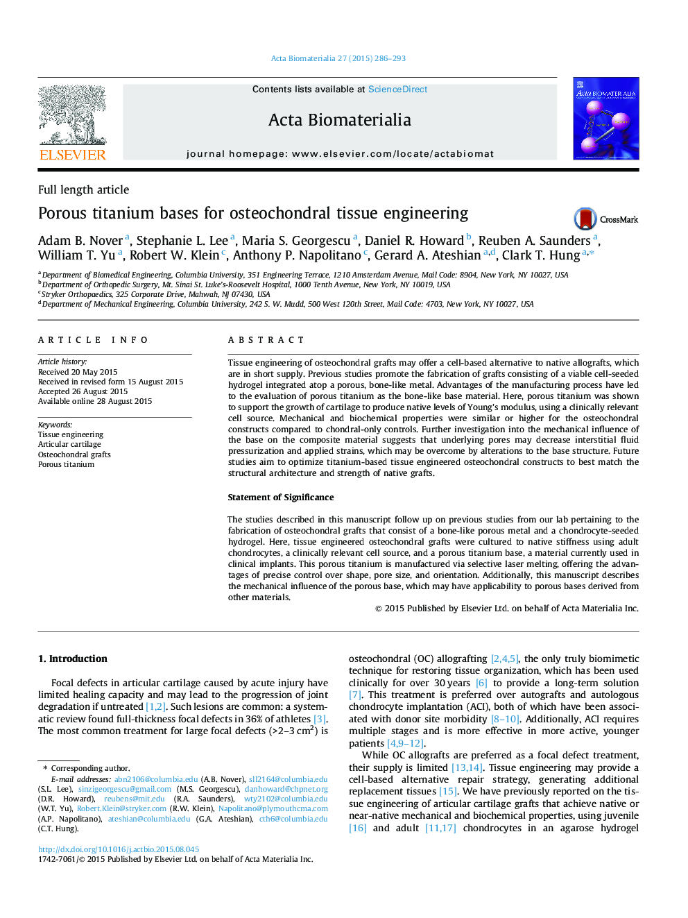 Porous titanium bases for osteochondral tissue engineering