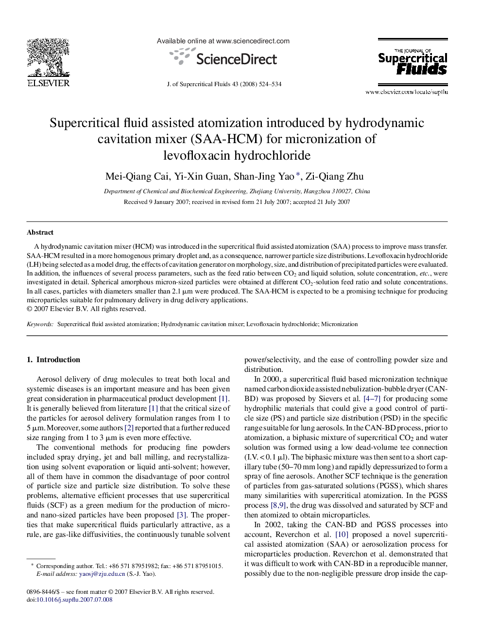 Supercritical fluid assisted atomization introduced by hydrodynamic cavitation mixer (SAA-HCM) for micronization of levofloxacin hydrochloride