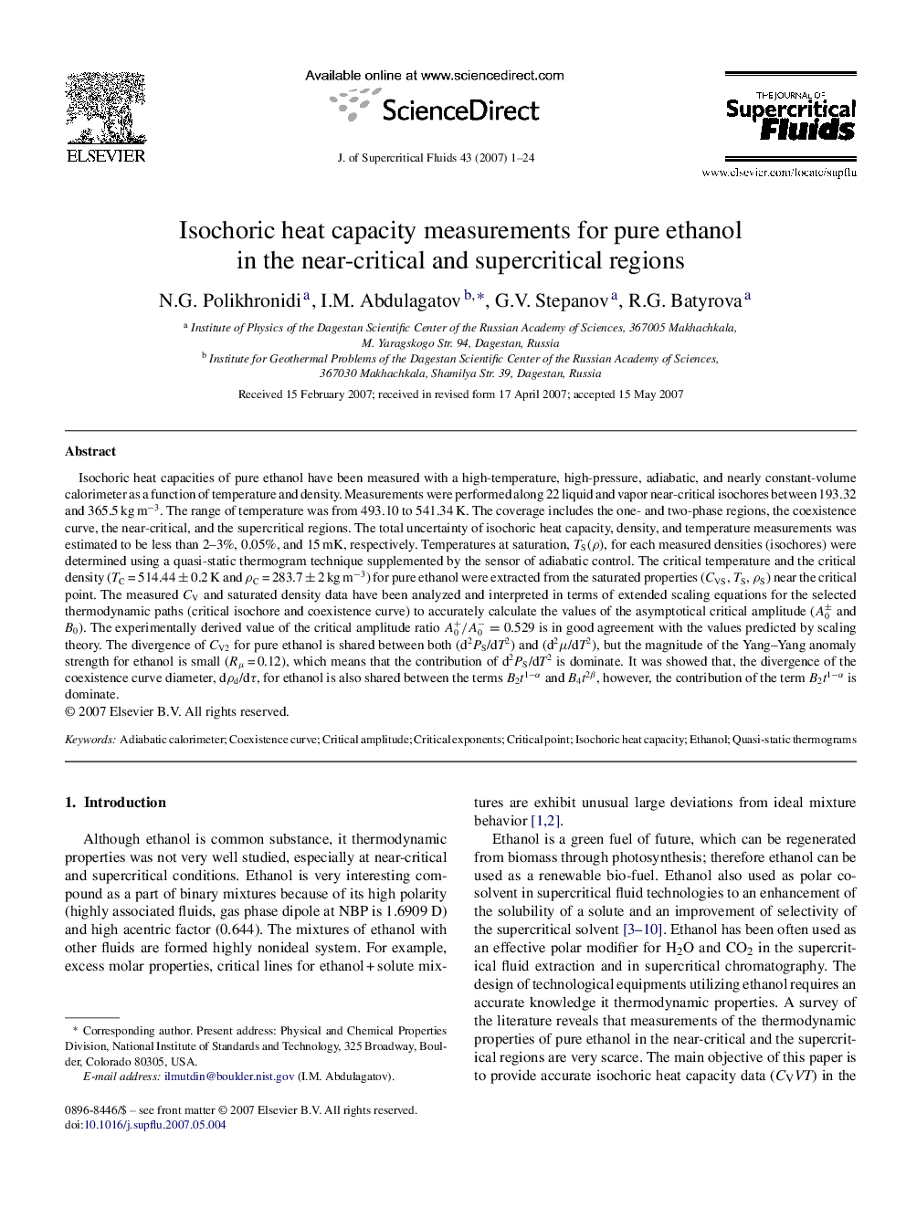 Isochoric heat capacity measurements for pure ethanol in the near-critical and supercritical regions