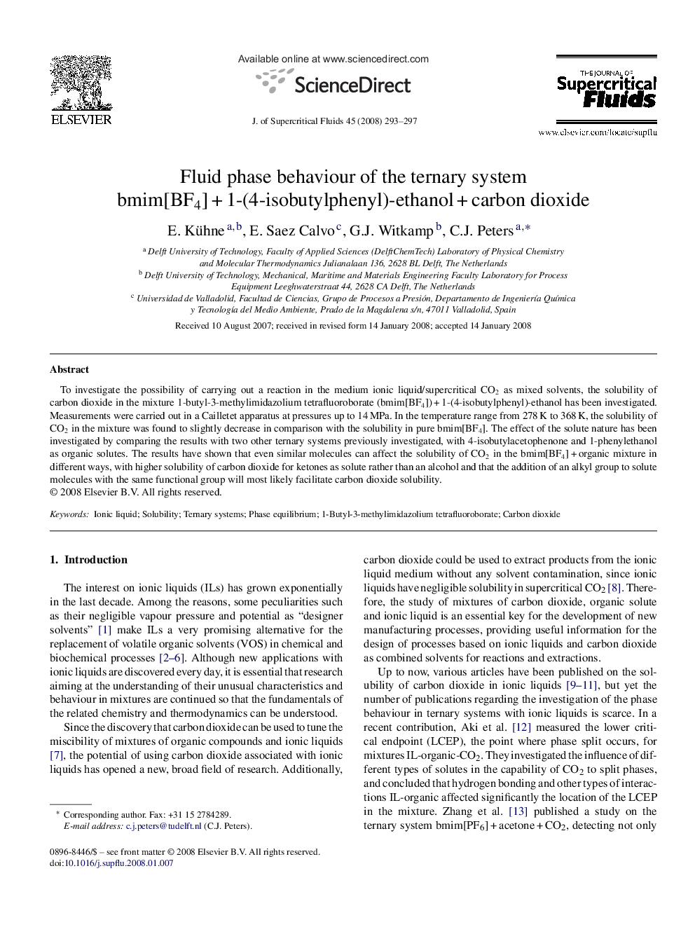 Fluid phase behaviour of the ternary system bmim[BF4] + 1-(4-isobutylphenyl)-ethanol + carbon dioxide