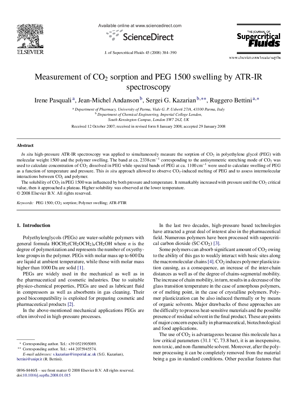 Measurement of CO2 sorption and PEG 1500 swelling by ATR-IR spectroscopy