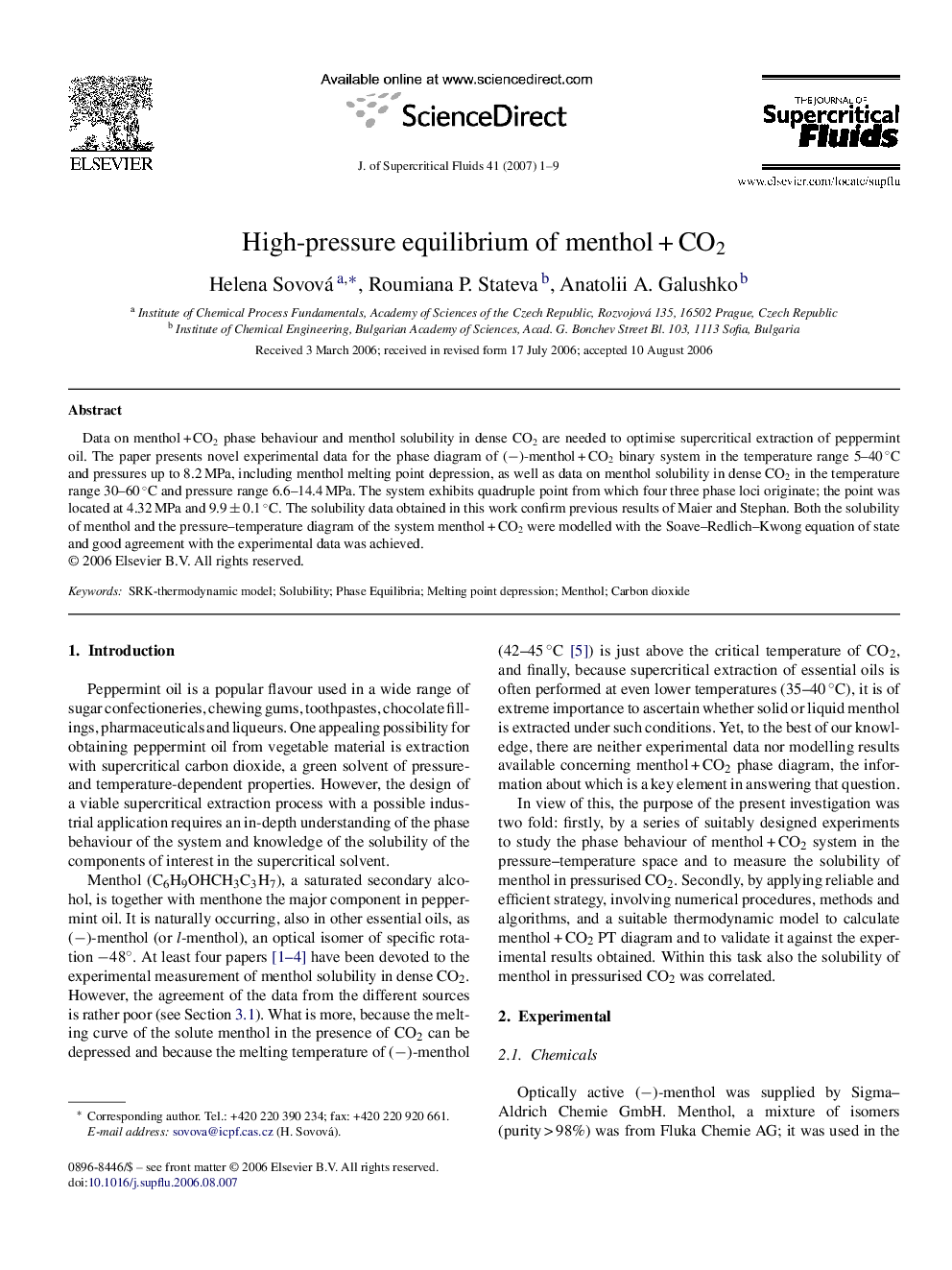 High-pressure equilibrium of menthol + CO2