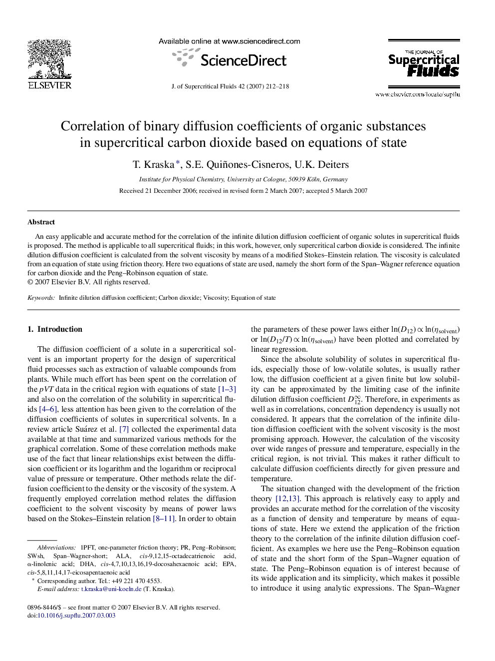 Correlation of binary diffusion coefficients of organic substances in supercritical carbon dioxide based on equations of state