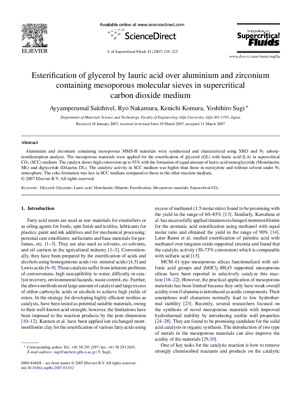 Esterification of glycerol by lauric acid over aluminium and zirconium containing mesoporous molecular sieves in supercritical carbon dioxide medium