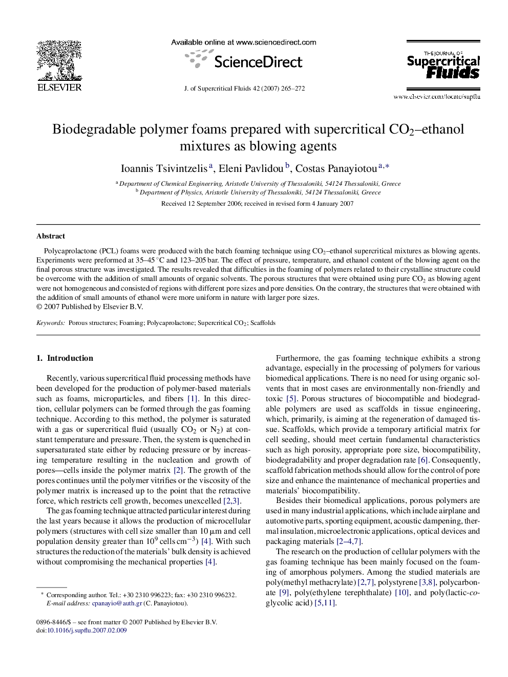 Biodegradable polymer foams prepared with supercritical CO2–ethanol mixtures as blowing agents