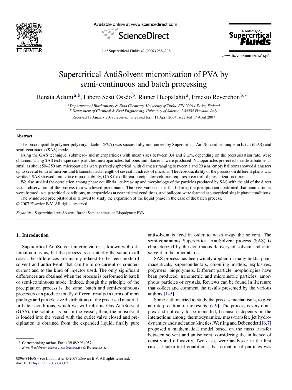 Supercritical AntiSolvent micronization of PVA by semi-continuous and batch processing