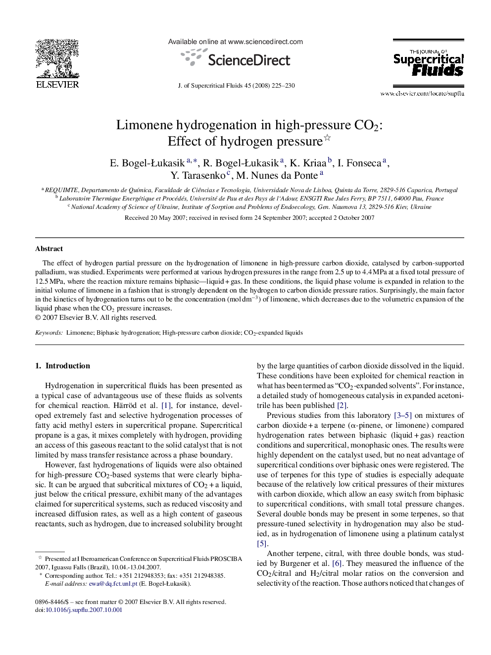 Limonene hydrogenation in high-pressure CO2: Effect of hydrogen pressure 