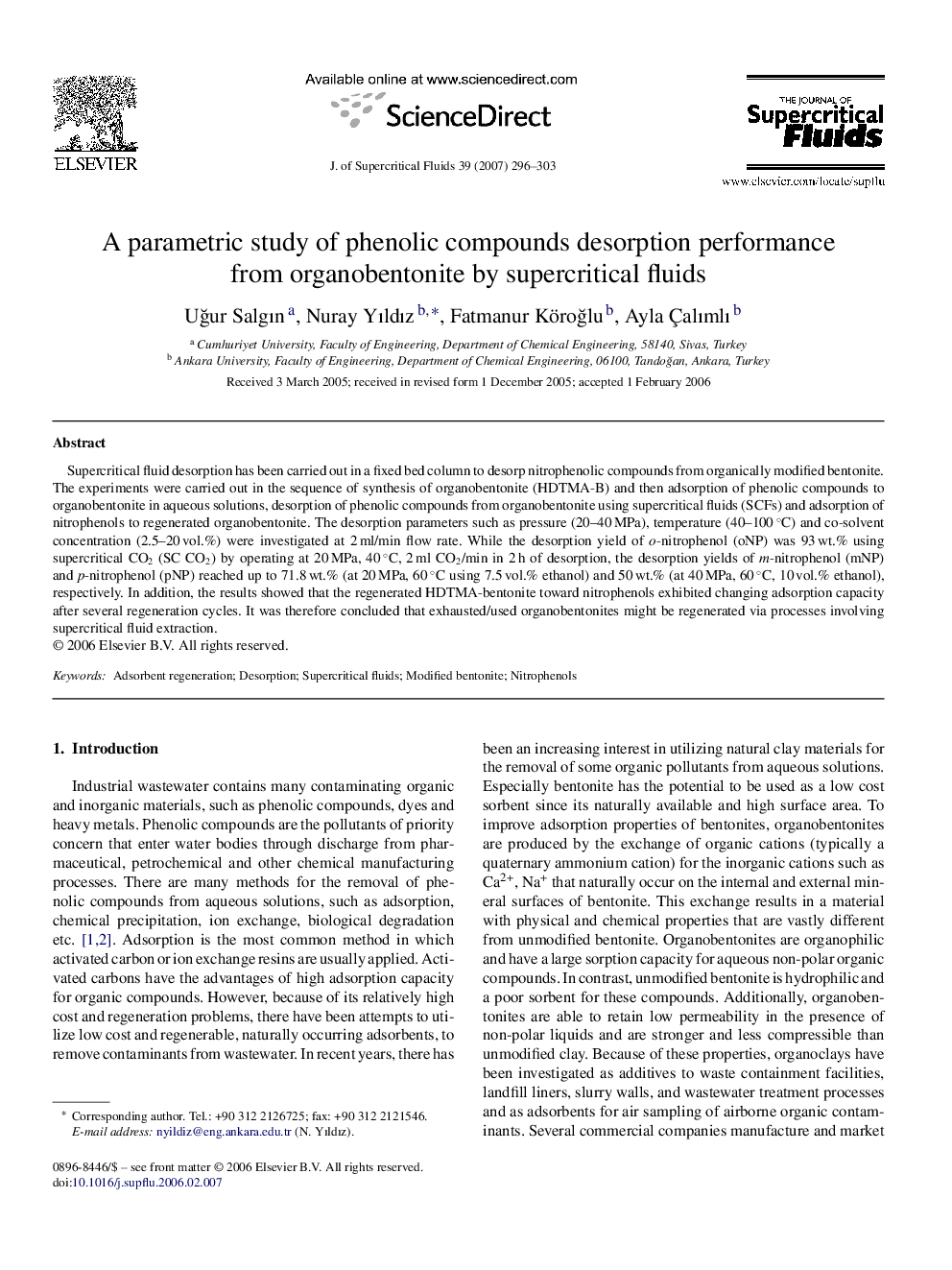 A parametric study of phenolic compounds desorption performance from organobentonite by supercritical fluids