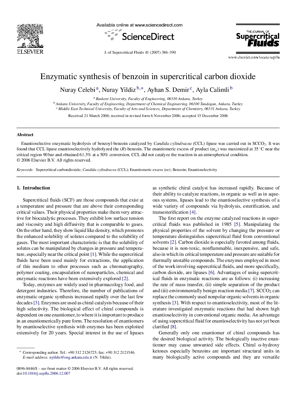 Enzymatic synthesis of benzoin in supercritical carbon dioxide