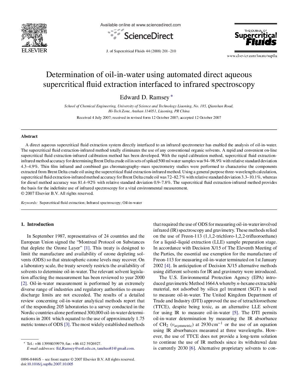 Determination of oil-in-water using automated direct aqueous supercritical fluid extraction interfaced to infrared spectroscopy