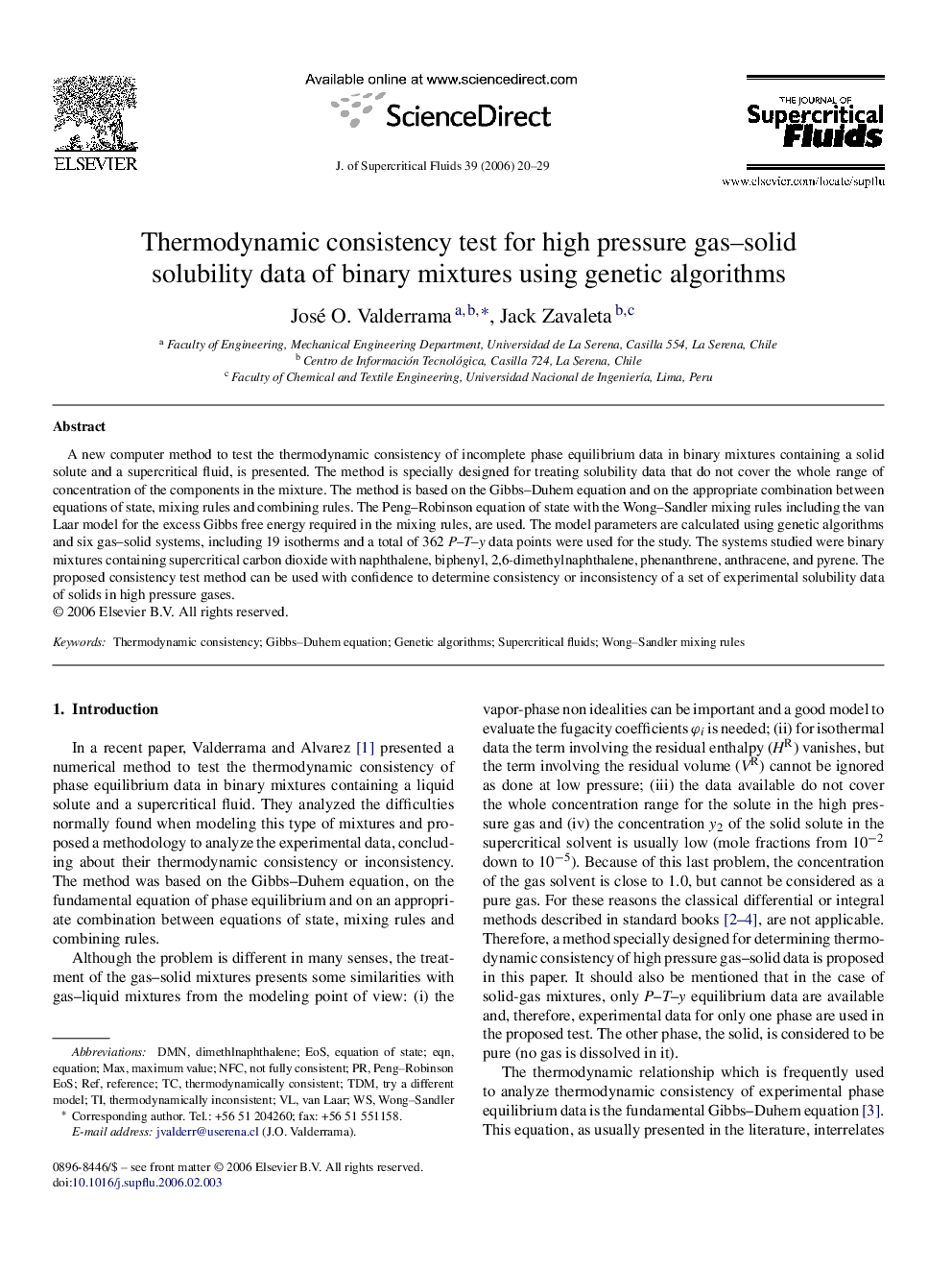 Thermodynamic consistency test for high pressure gas–solid solubility data of binary mixtures using genetic algorithms