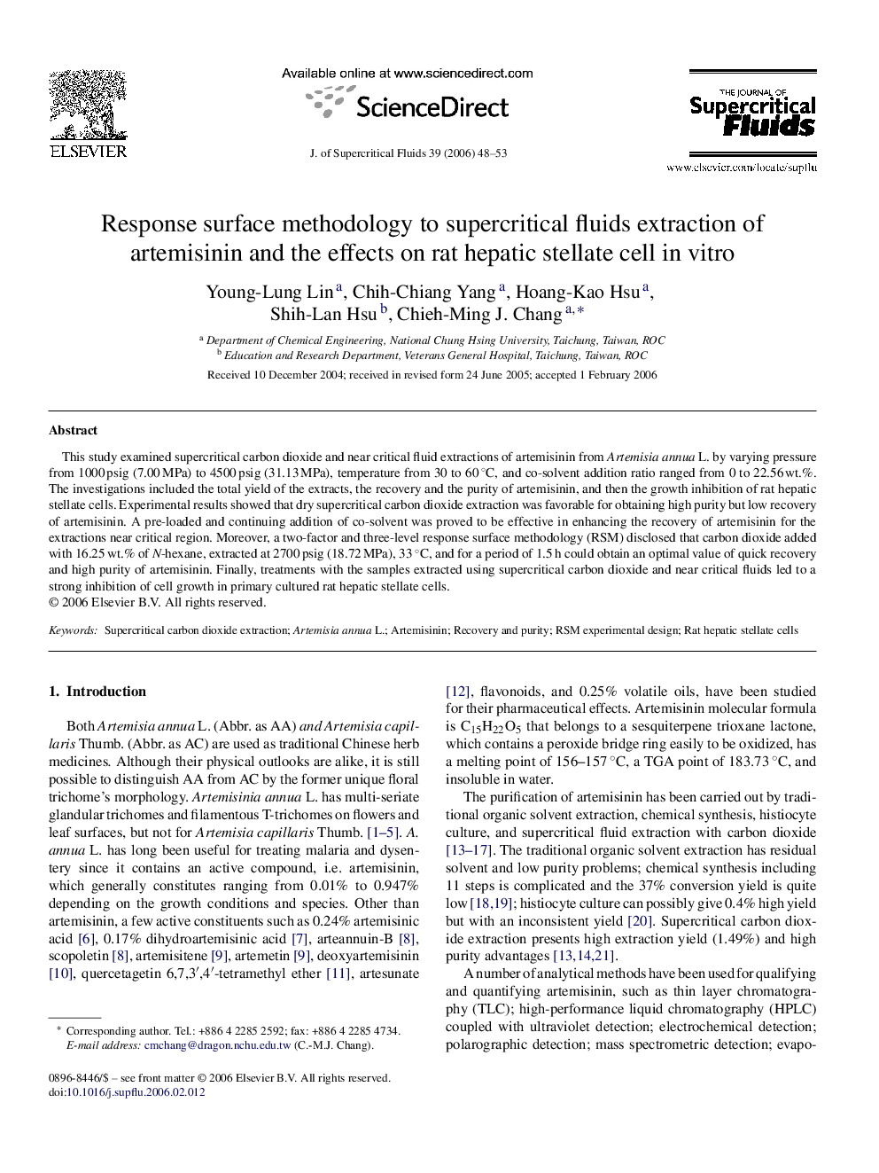 Response surface methodology to supercritical fluids extraction of artemisinin and the effects on rat hepatic stellate cell in vitro