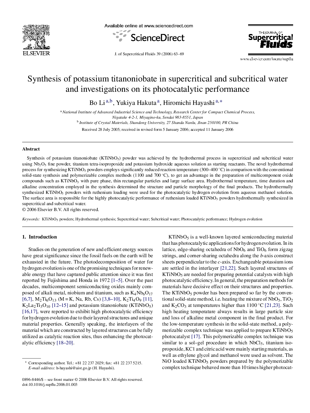 Synthesis of potassium titanoniobate in supercritical and subcritical water and investigations on its photocatalytic performance