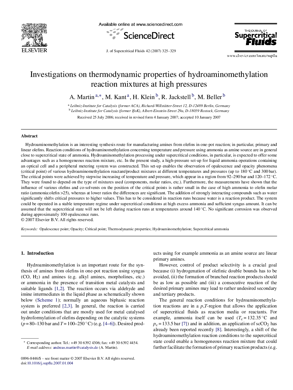 Investigations on thermodynamic properties of hydroaminomethylation reaction mixtures at high pressures