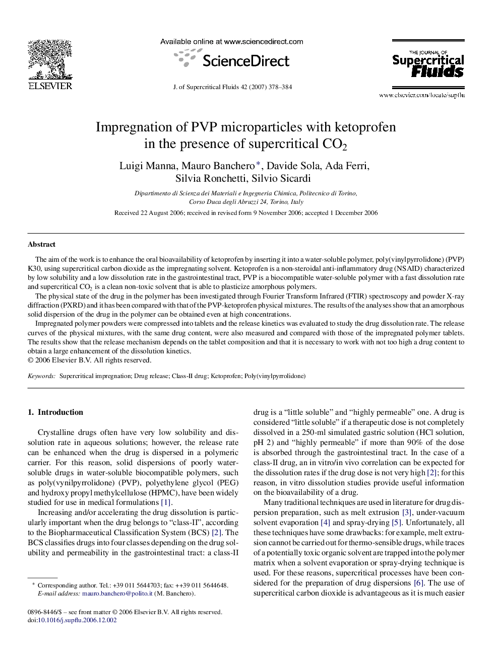 Impregnation of PVP microparticles with ketoprofen in the presence of supercritical CO2