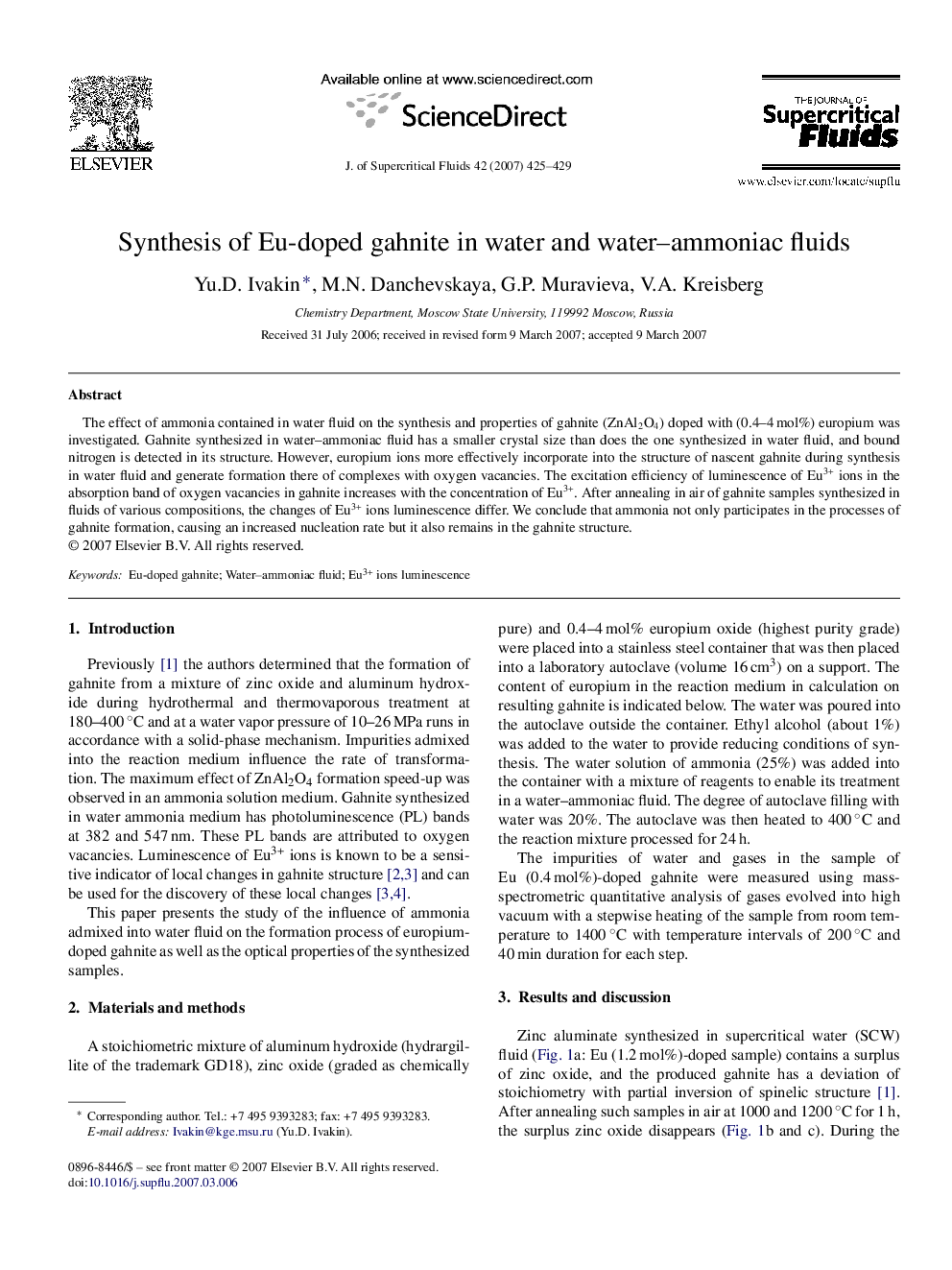 Synthesis of Eu-doped gahnite in water and water–ammoniac fluids