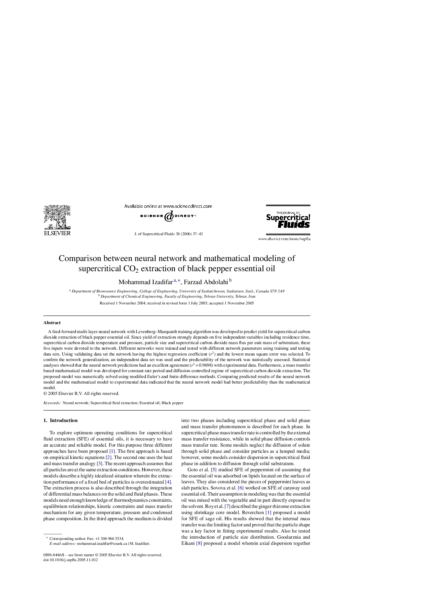 Comparison between neural network and mathematical modeling of supercritical CO2 extraction of black pepper essential oil