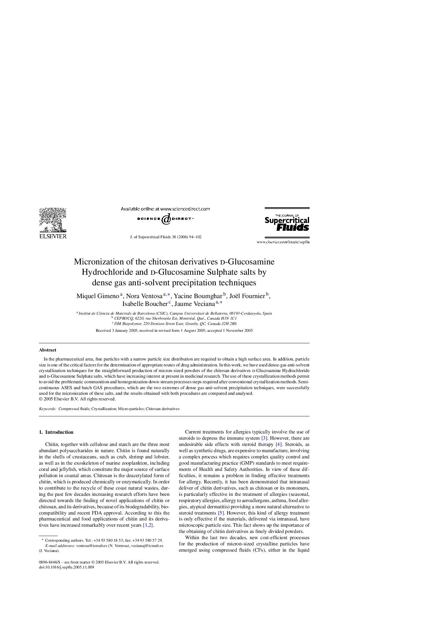 Micronization of the chitosan derivatives d-Glucosamine Hydrochloride and d-Glucosamine Sulphate salts by dense gas anti-solvent precipitation techniques