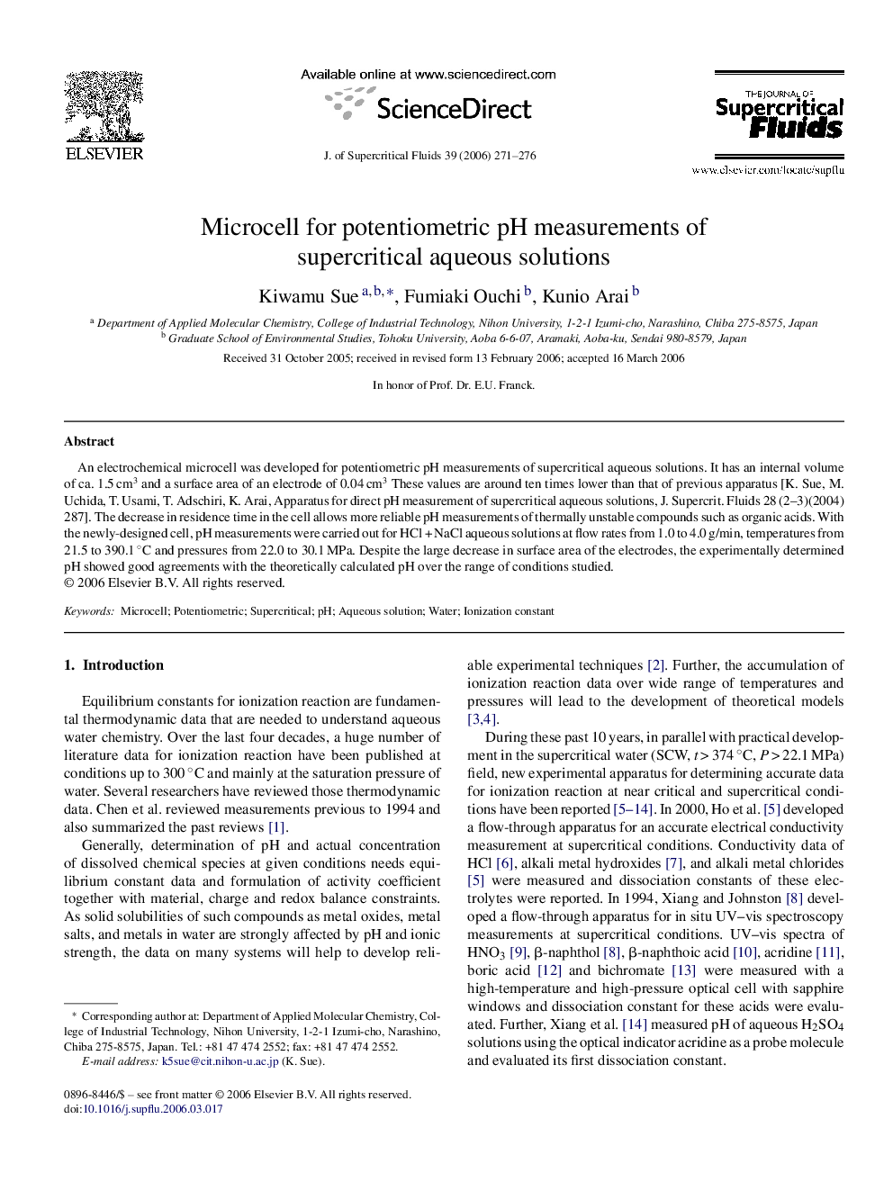 Microcell for potentiometric pH measurements of supercritical aqueous solutions