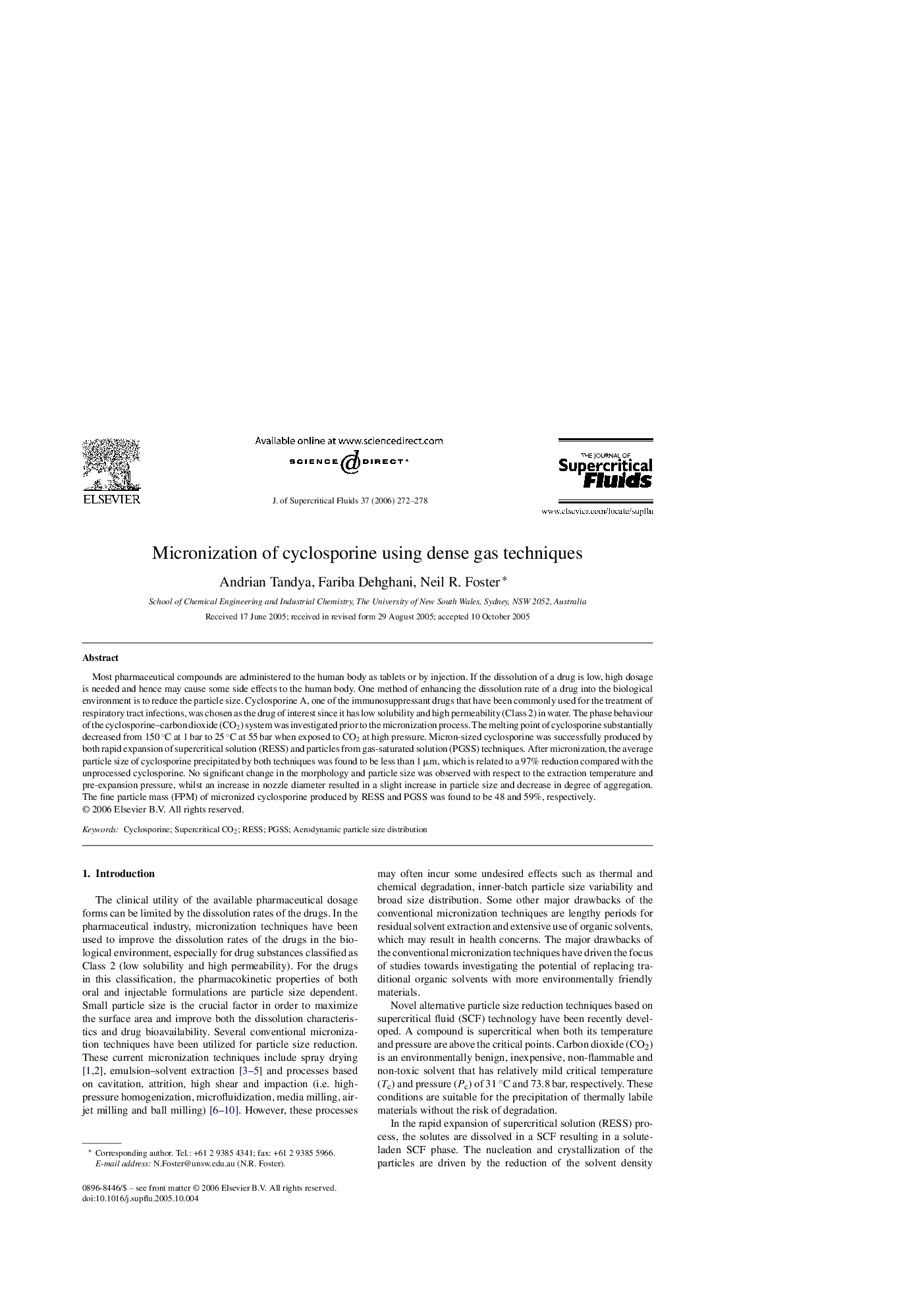 Micronization of cyclosporine using dense gas techniques