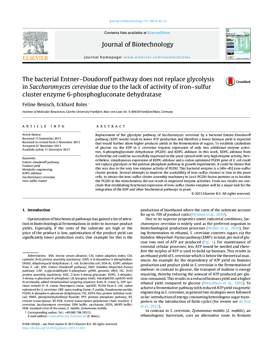 The bacterial Entner–Doudoroff pathway does not replace glycolysis in Saccharomyces cerevisiae due to the lack of activity of iron–sulfur cluster enzyme 6-phosphogluconate dehydratase