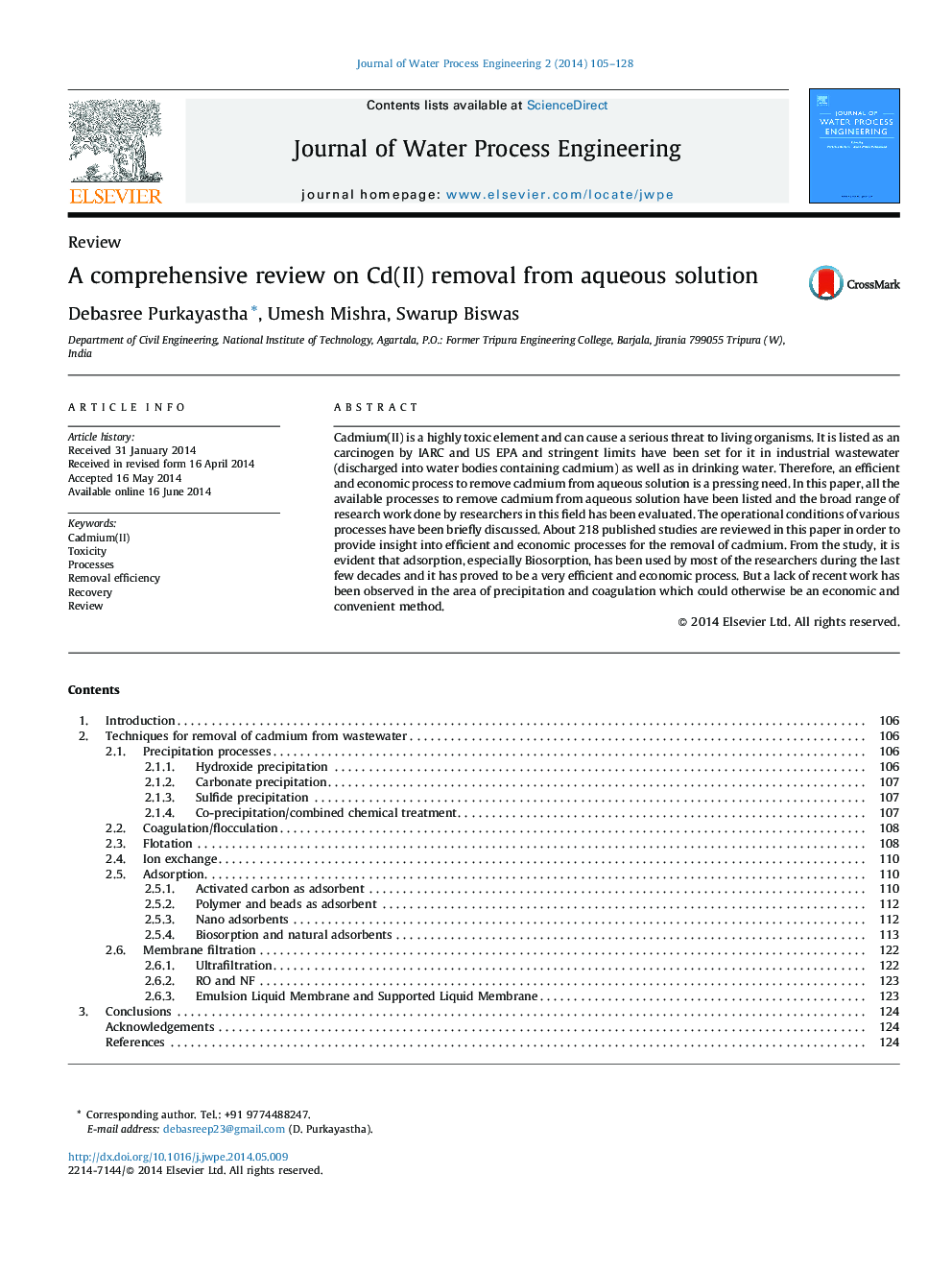 A comprehensive review on Cd(II) removal from aqueous solution