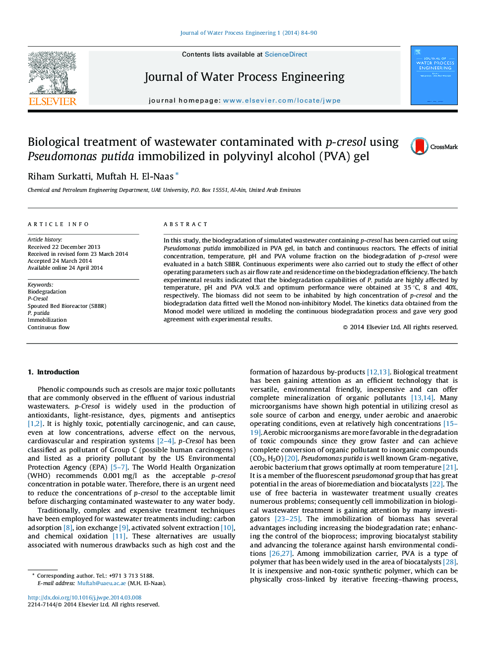 Biological treatment of wastewater contaminated with p-cresol using Pseudomonas putida immobilized in polyvinyl alcohol (PVA) gel