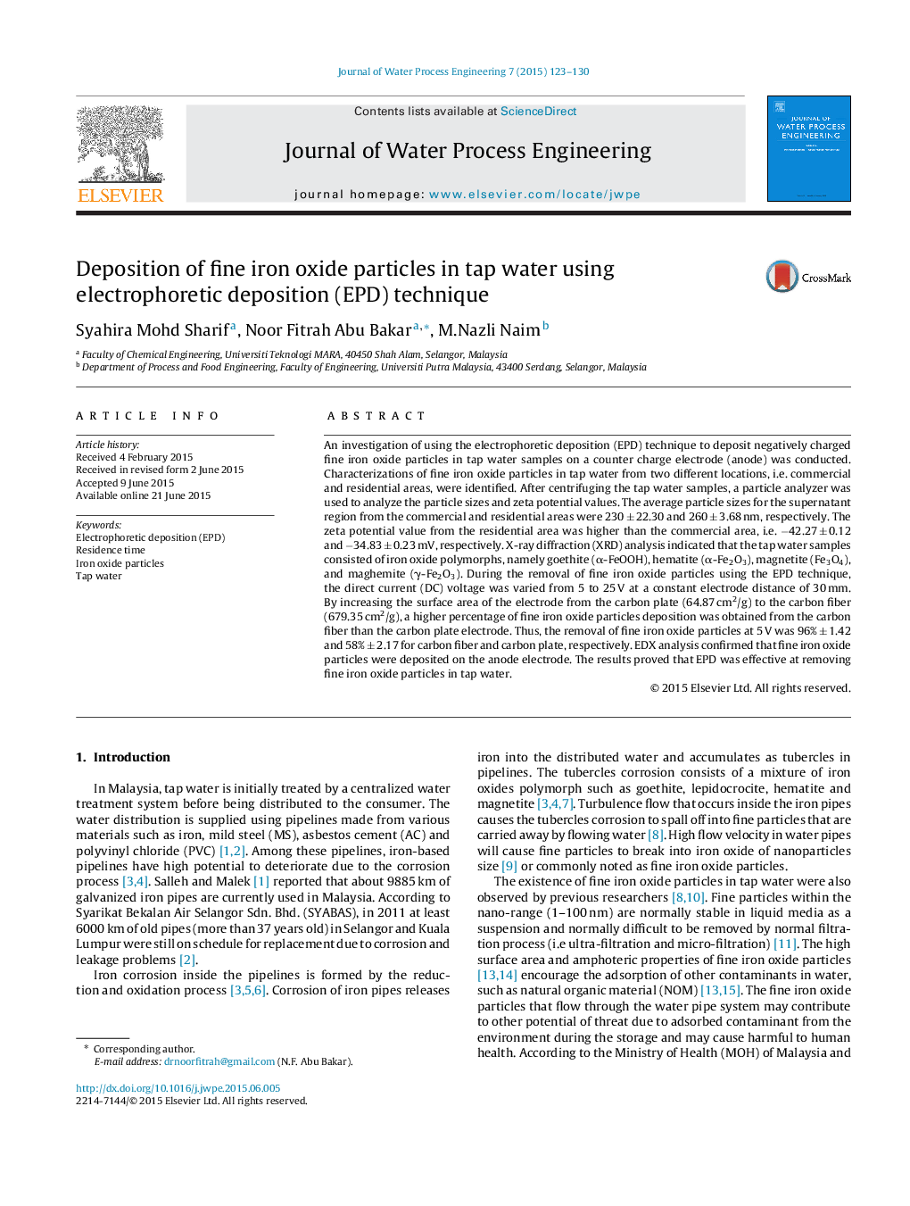 Deposition of fine iron oxide particles in tap water using electrophoretic deposition (EPD) technique