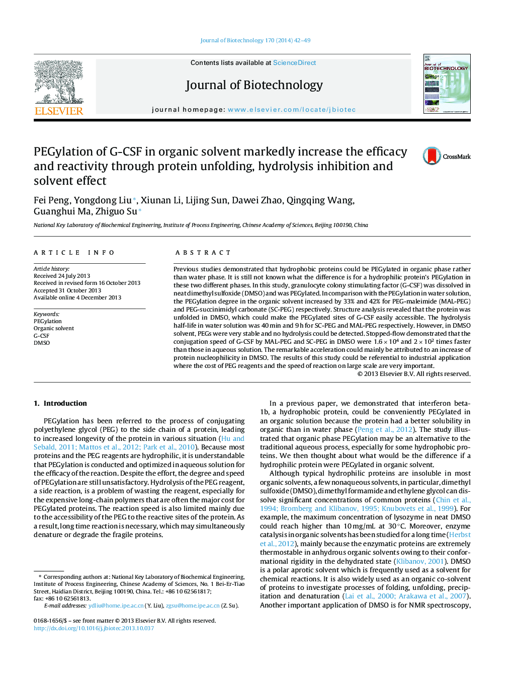 PEGylation of G-CSF in organic solvent markedly increase the efficacy and reactivity through protein unfolding, hydrolysis inhibition and solvent effect