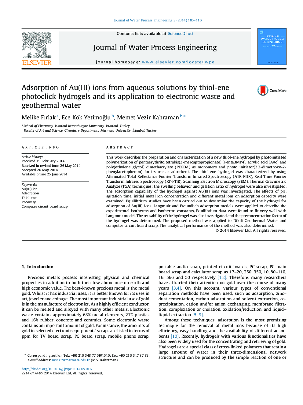 Adsorption of Au(III) ions from aqueous solutions by thiol-ene photoclick hydrogels and its application to electronic waste and geothermal water