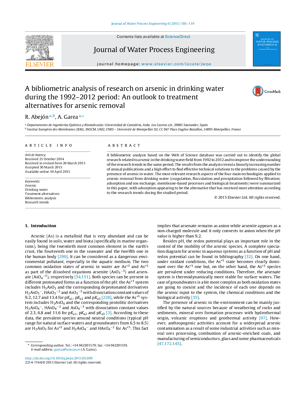 A bibliometric analysis of research on arsenic in drinking water during the 1992–2012 period: An outlook to treatment alternatives for arsenic removal