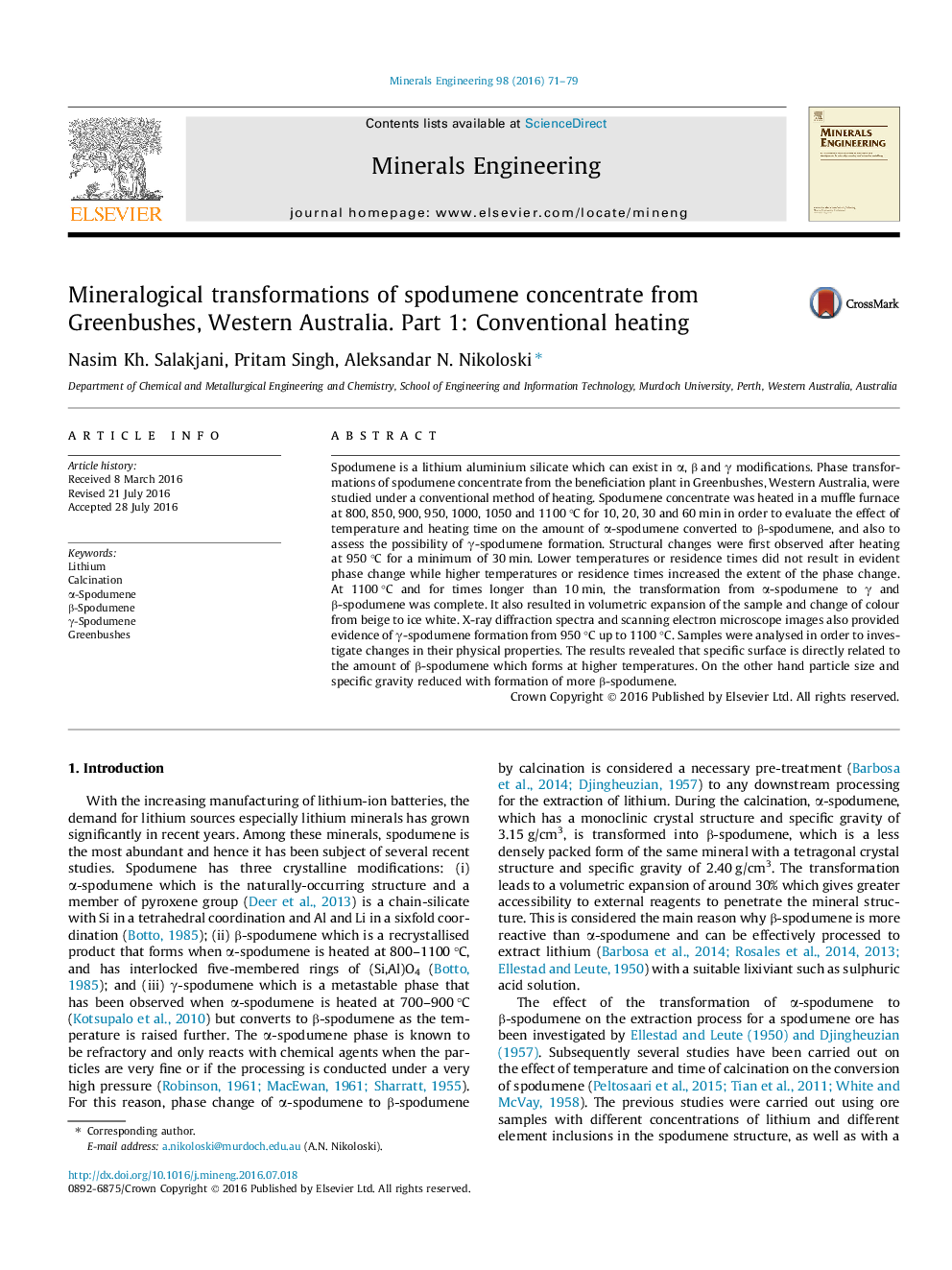 Mineralogical transformations of spodumene concentrate from Greenbushes, Western Australia. Part 1: Conventional heating