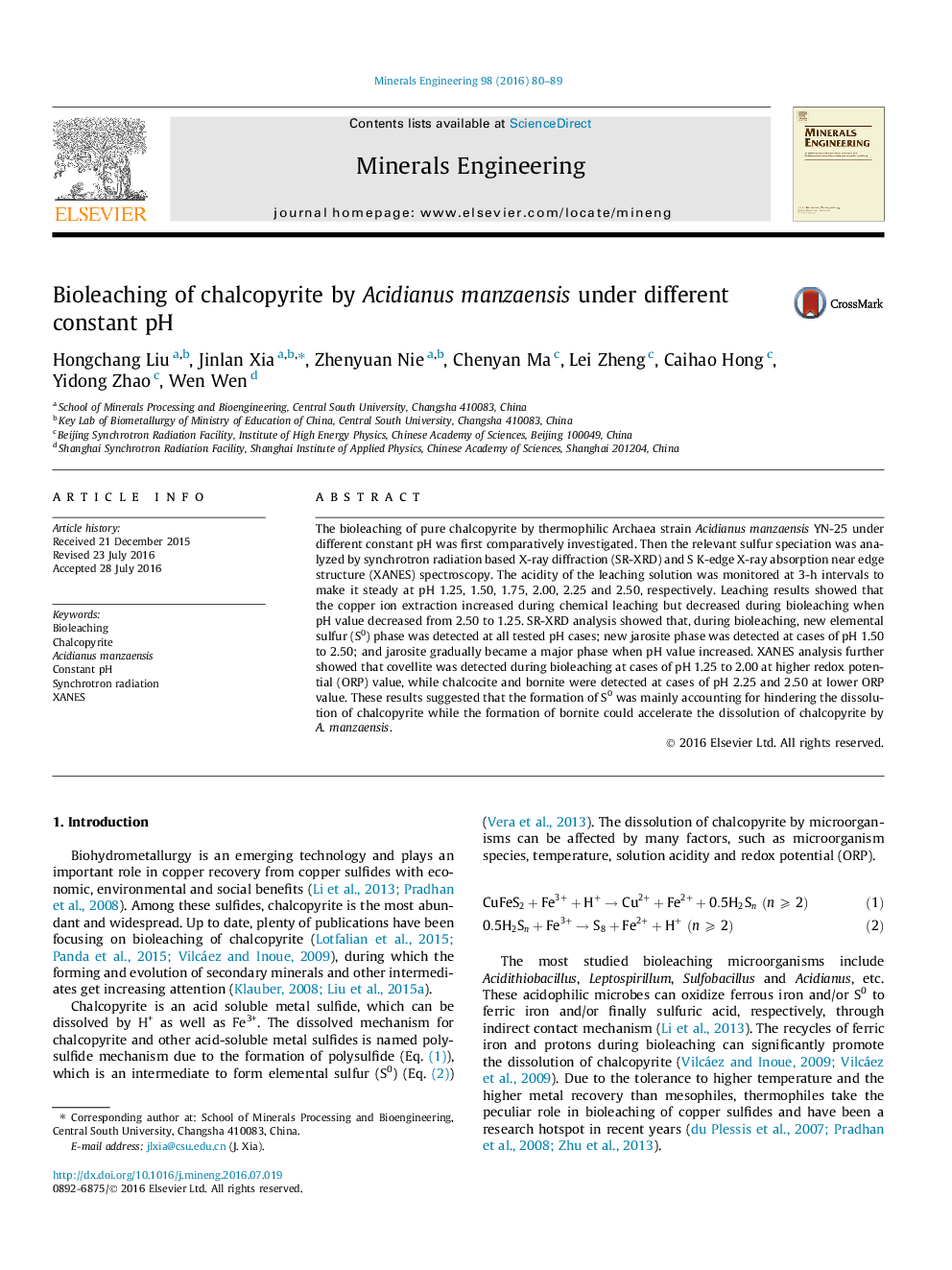 Bioleaching of chalcopyrite by Acidianus manzaensis under different constant pH