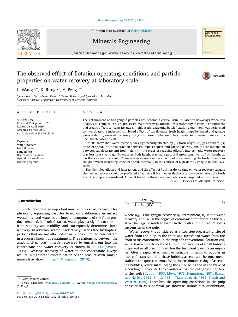 The observed effect of flotation operating conditions and particle properties on water recovery at laboratory scale