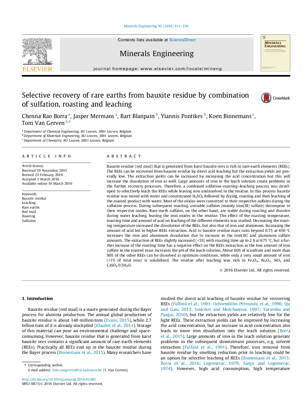 Selective recovery of rare earths from bauxite residue by combination of sulfation, roasting and leaching