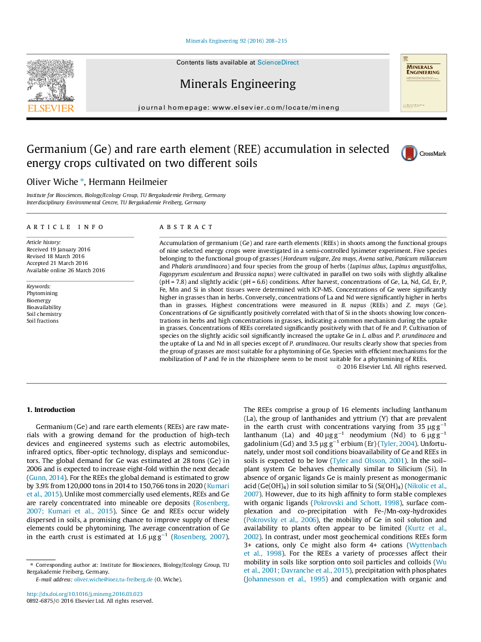 Germanium (Ge) and rare earth element (REE) accumulation in selected energy crops cultivated on two different soils