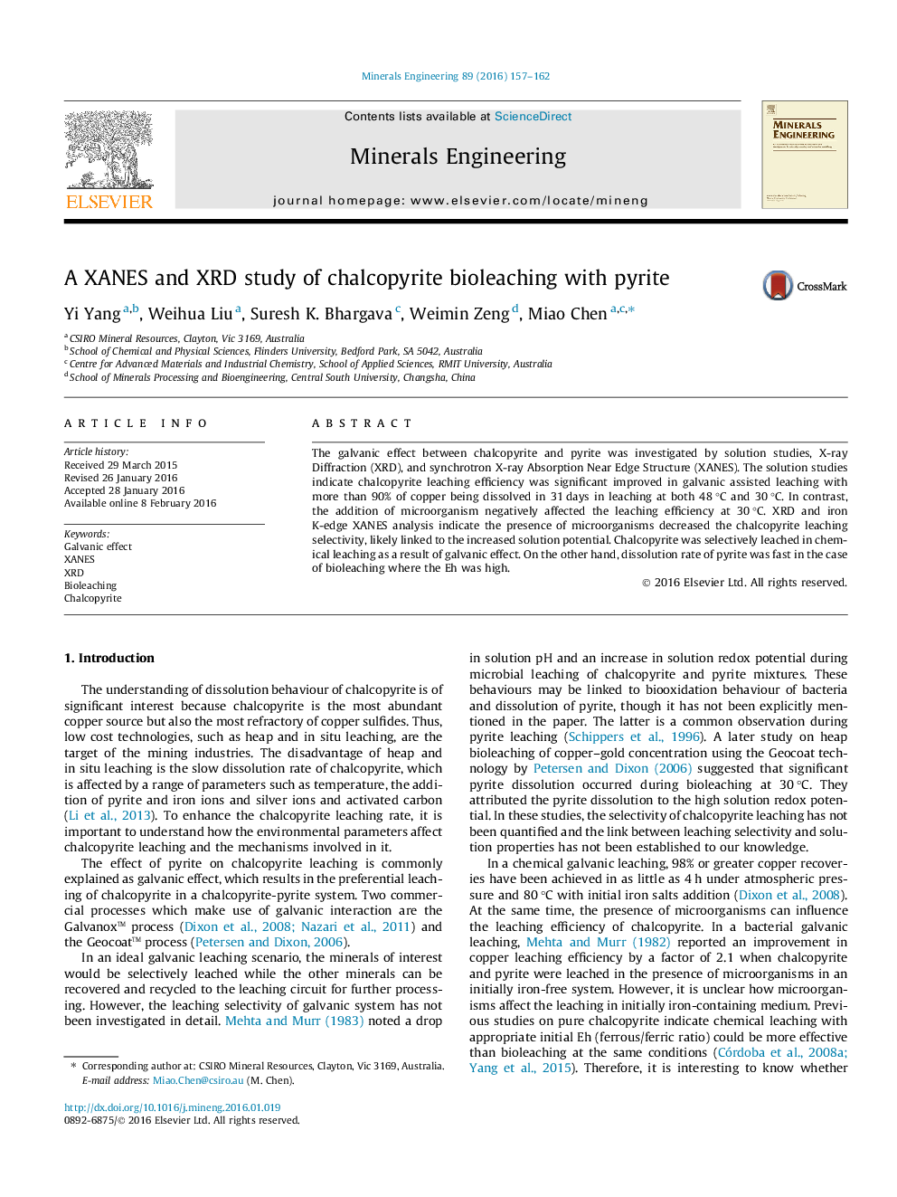 A XANES and XRD study of chalcopyrite bioleaching with pyrite