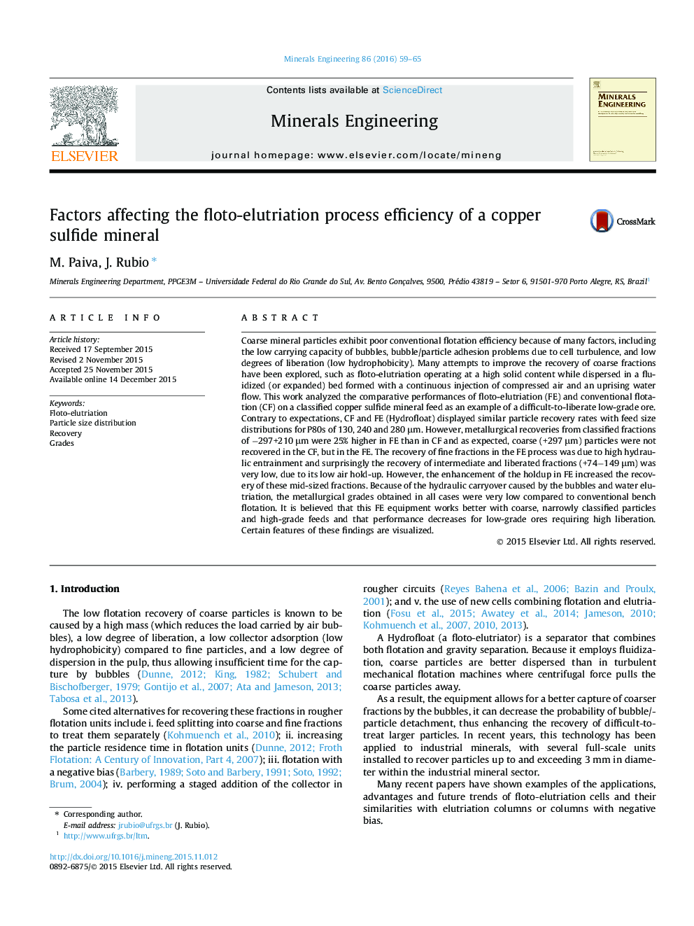 Factors affecting the floto-elutriation process efficiency of a copper sulfide mineral